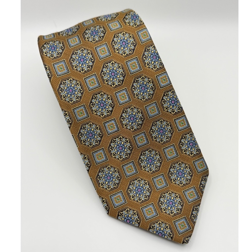 Robert Talbott Silk Necktie 3.75" Gold Blue Geometric Medallion Classic Formal